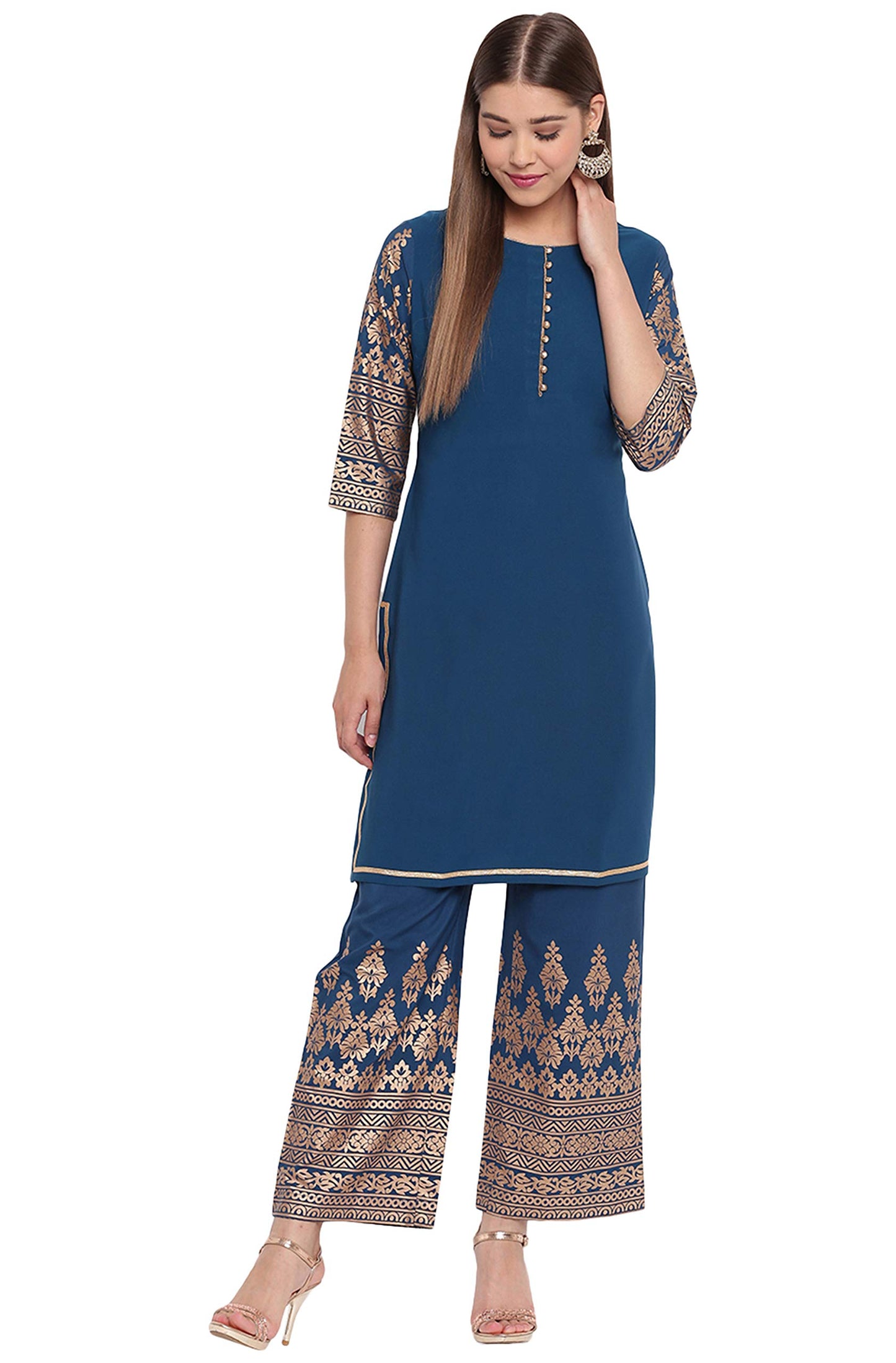 Teal Embellished Kurta Kurti Top Tunic Festive Wedding Party wear Kurta with Bottom