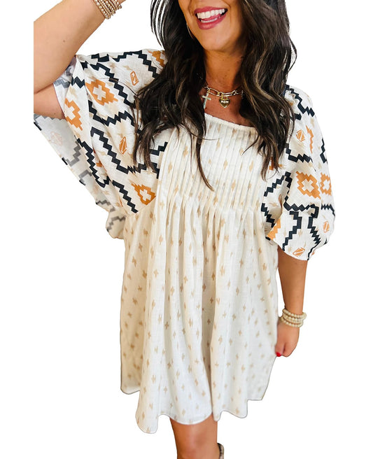 Summer Short Sleeve Square Neck Western Aztec Mini Dress Flowy Pleated A-Line Casual Dresses