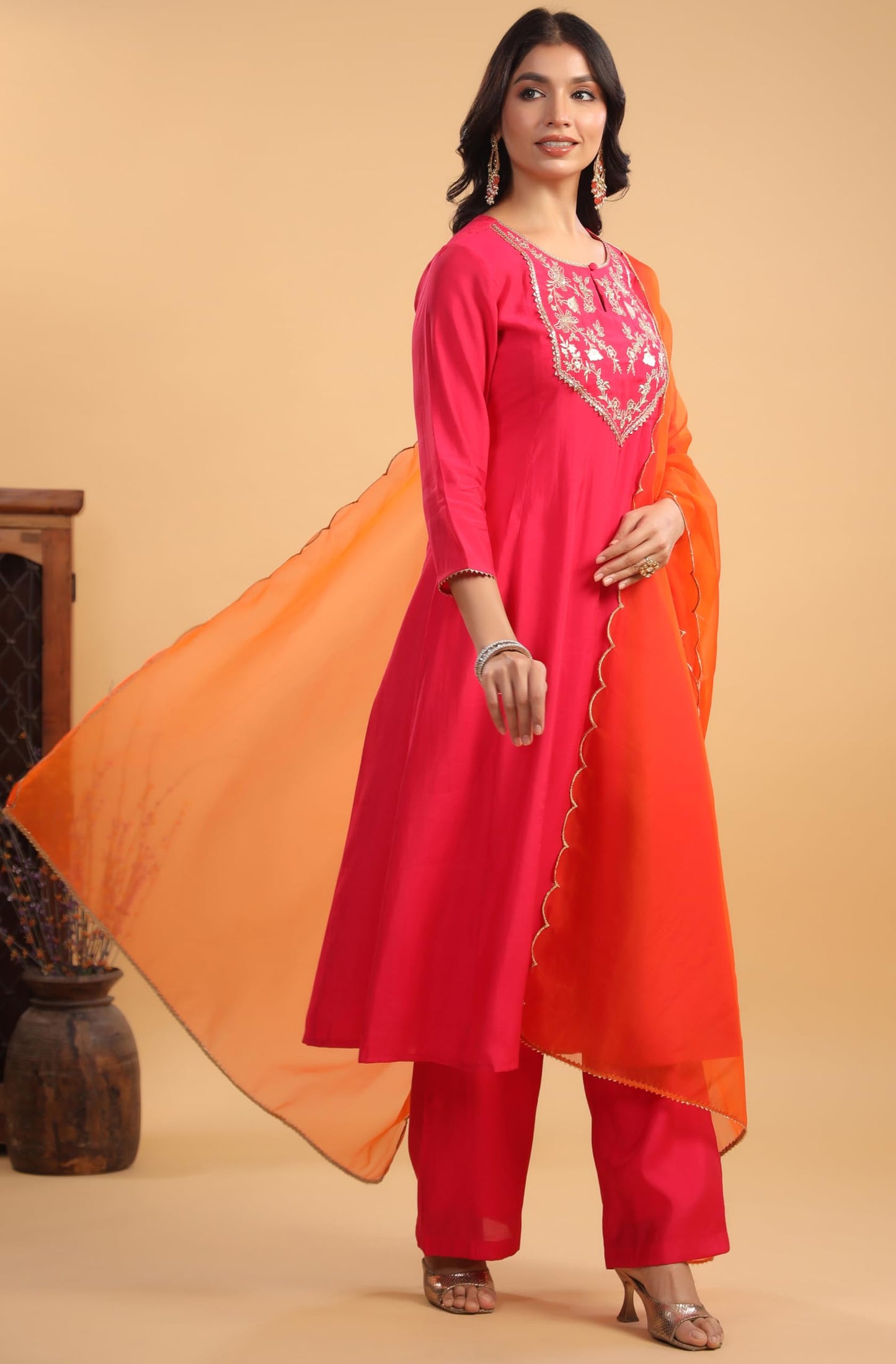 Anarkali Pink Yoke Embroidery Festive Calf Length Kurti Set