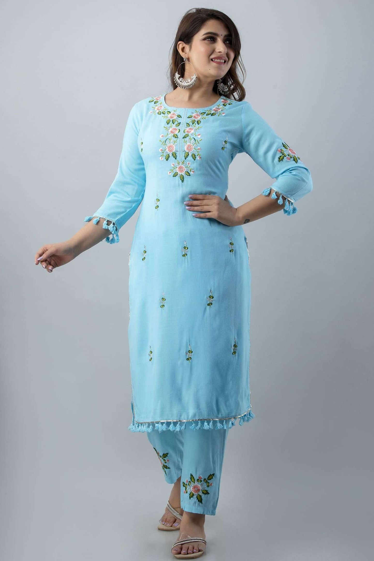 Ethnic Wear Collection Rayon Straight Embridered Kurti & Pant Set With Dupatta Readymade Salwar Suit For Women Casual