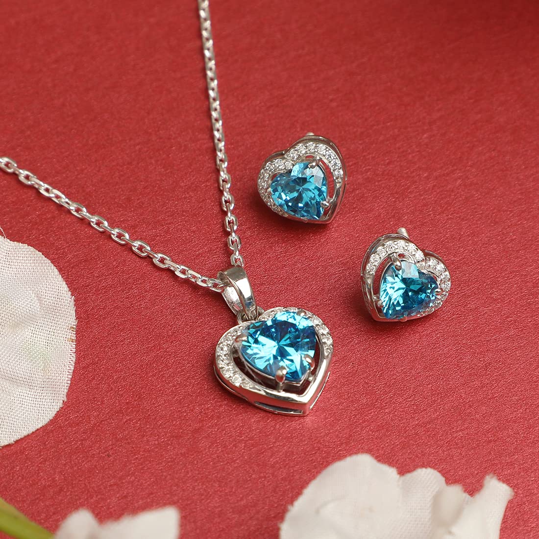Sterling Silver Sky Blue Heart Pendant Earring Chain Jewellery Set | Rhodium Plated, Swiss Zirconia