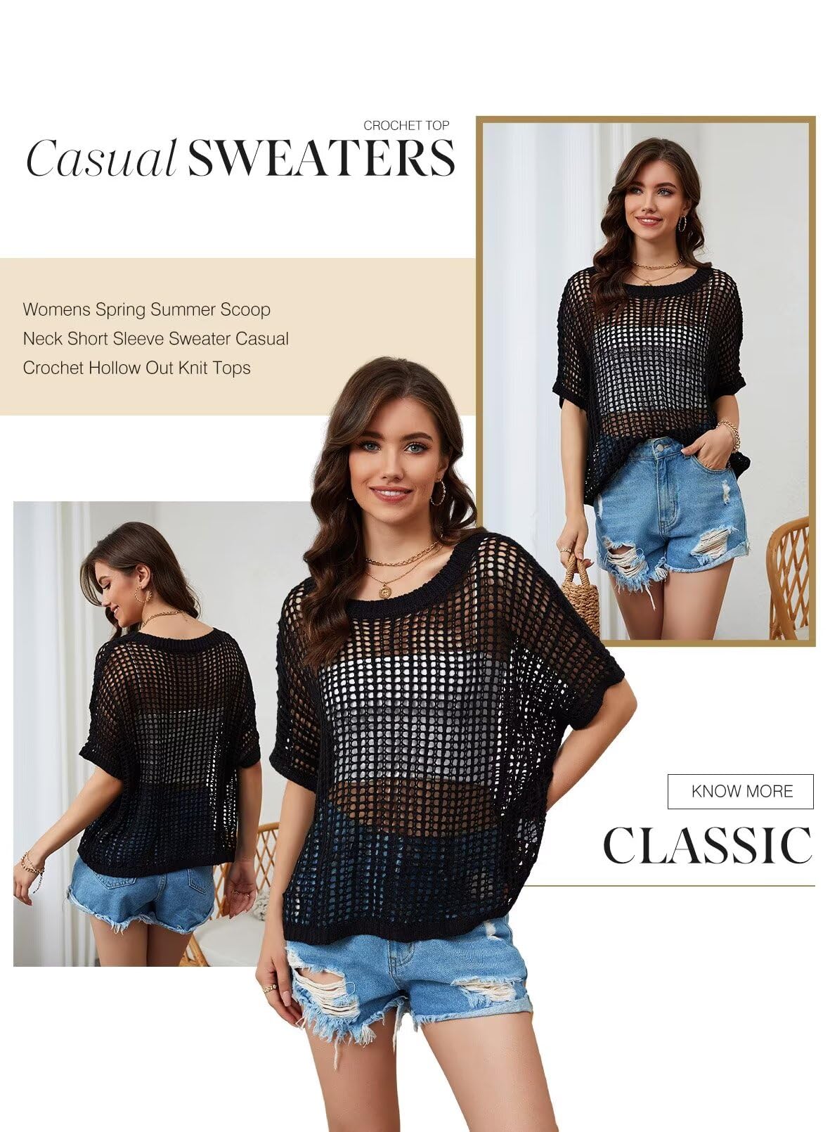 Womens Summer Scoop Neck Short Sleeve Sweater Casual Crochet Hollow Out Knit Tops Pullover Shirts Beach Coverup