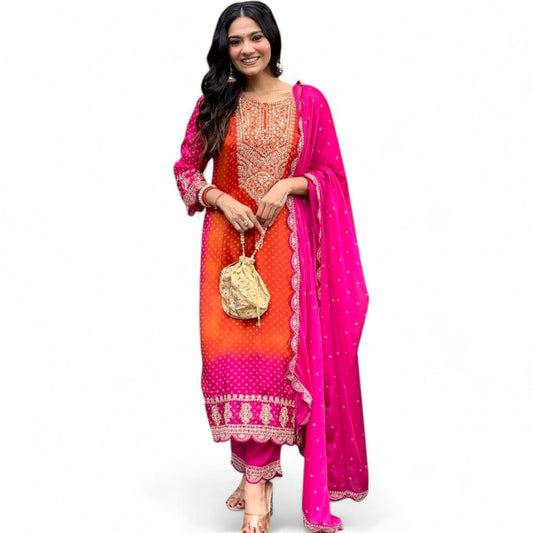 Kurta Pant Set Embroidery Work Indian Tunic Kurta Dress – Chinon Silk Straight Kurti Palazzo Set