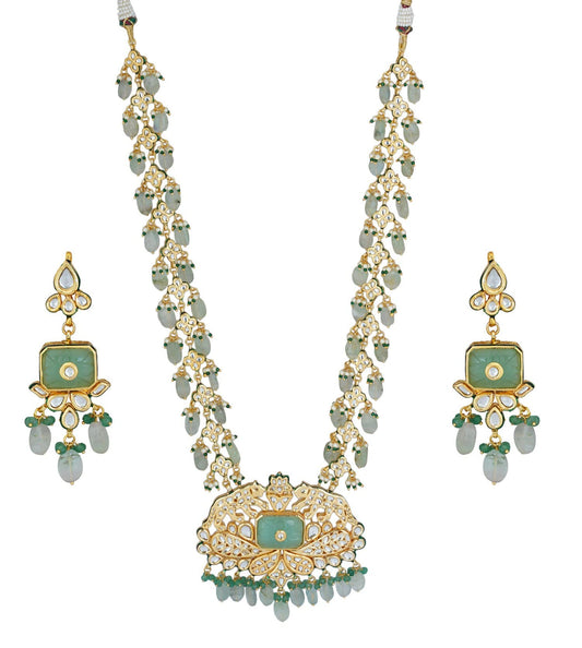 Elegant Long Kundan Necklace with Mint Quartz Beads-Bollywood Style
