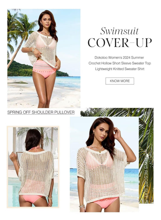 Summer Scoop Neck Short Sleeve Sweater Casual Crochet Hollow Out Knit Tops Pullover Shirts Beach Coverup