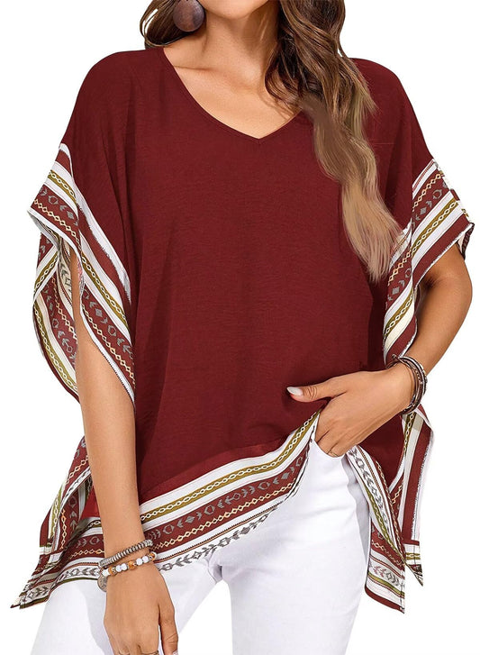 Women's Casual V Neck Floral Tops Batwing Sleeve Loose Fitting Shirts  Flowy Side Slit Tees