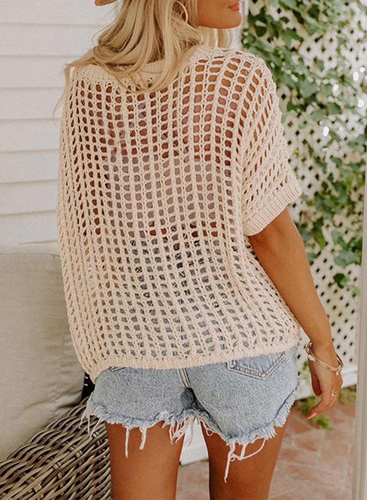 Summer Scoop Neck Short Sleeve Sweater Casual Crochet Hollow Out Knit Tops Pullover Shirts Beach Coverup