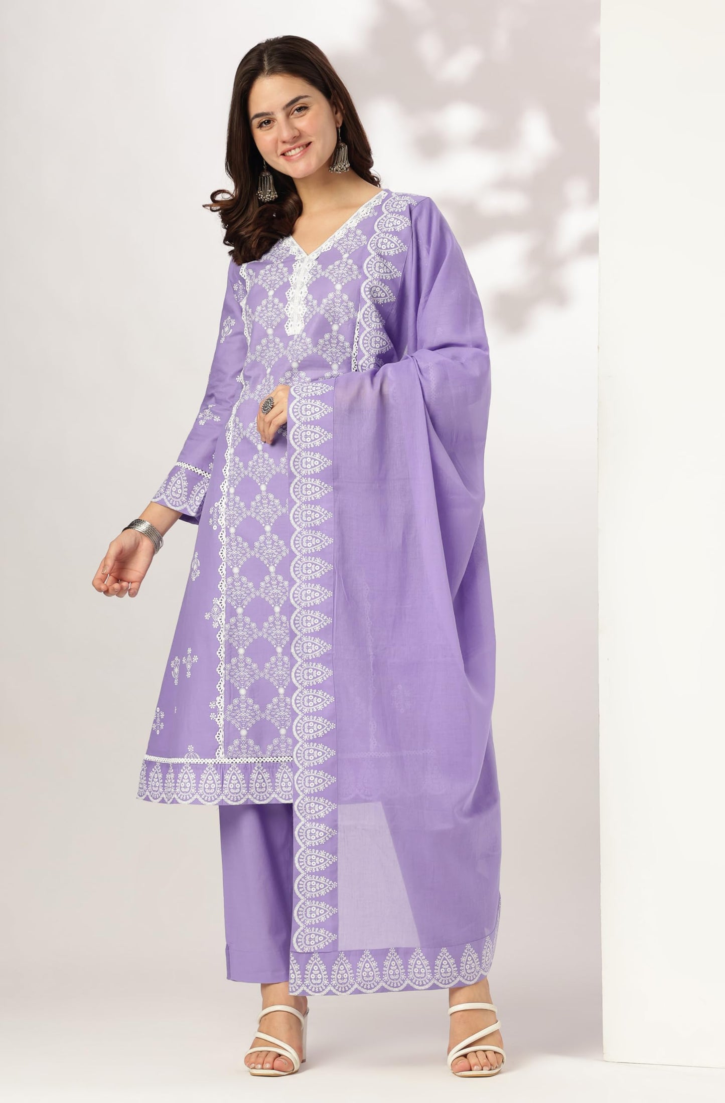 Lavender Pure Cotton Ethnic Motifs Printed A-line Kurta Set