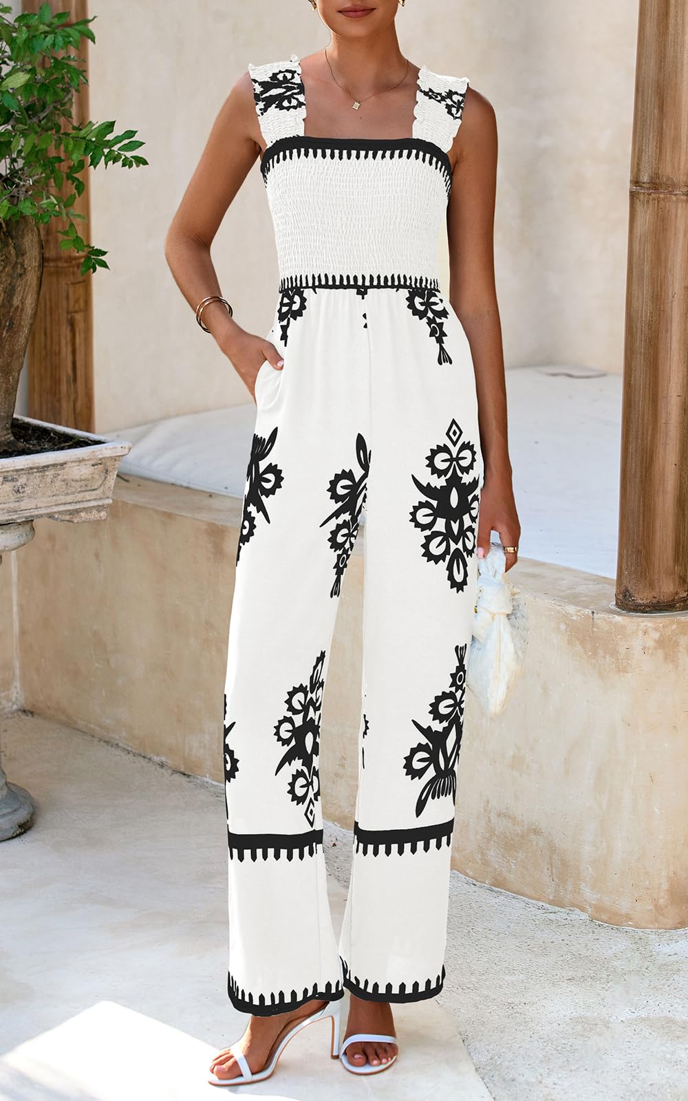 One PieceSummer Outfits Shirred Strap Wide Leg Long Pants Rompers With Pockets