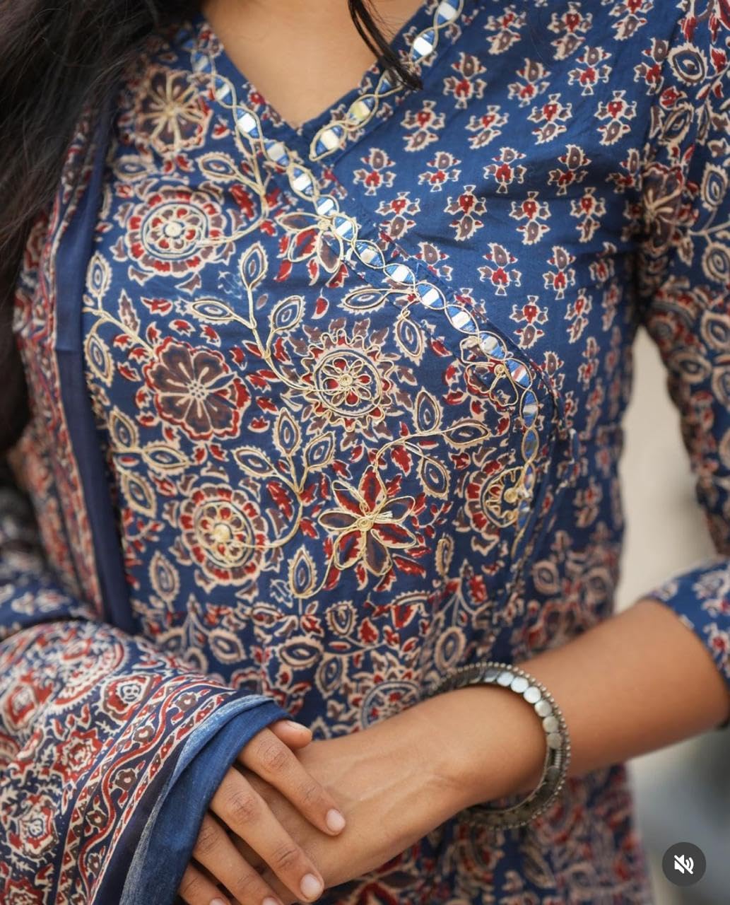 Blue Cotton Printed V-Neck Anarkali Kurti Pant Set with Dupatta