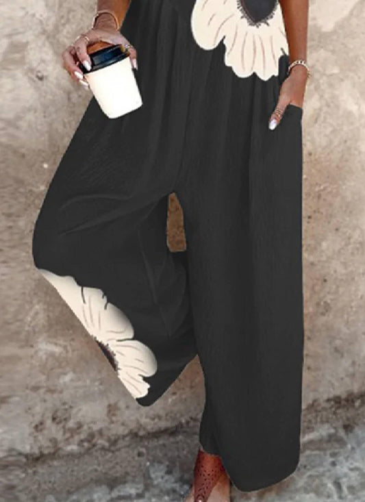 Spring Floral Print Overalls Jumpsuits One Piece Sleeveless Wide Leg Long Pants Rompers with Pockets