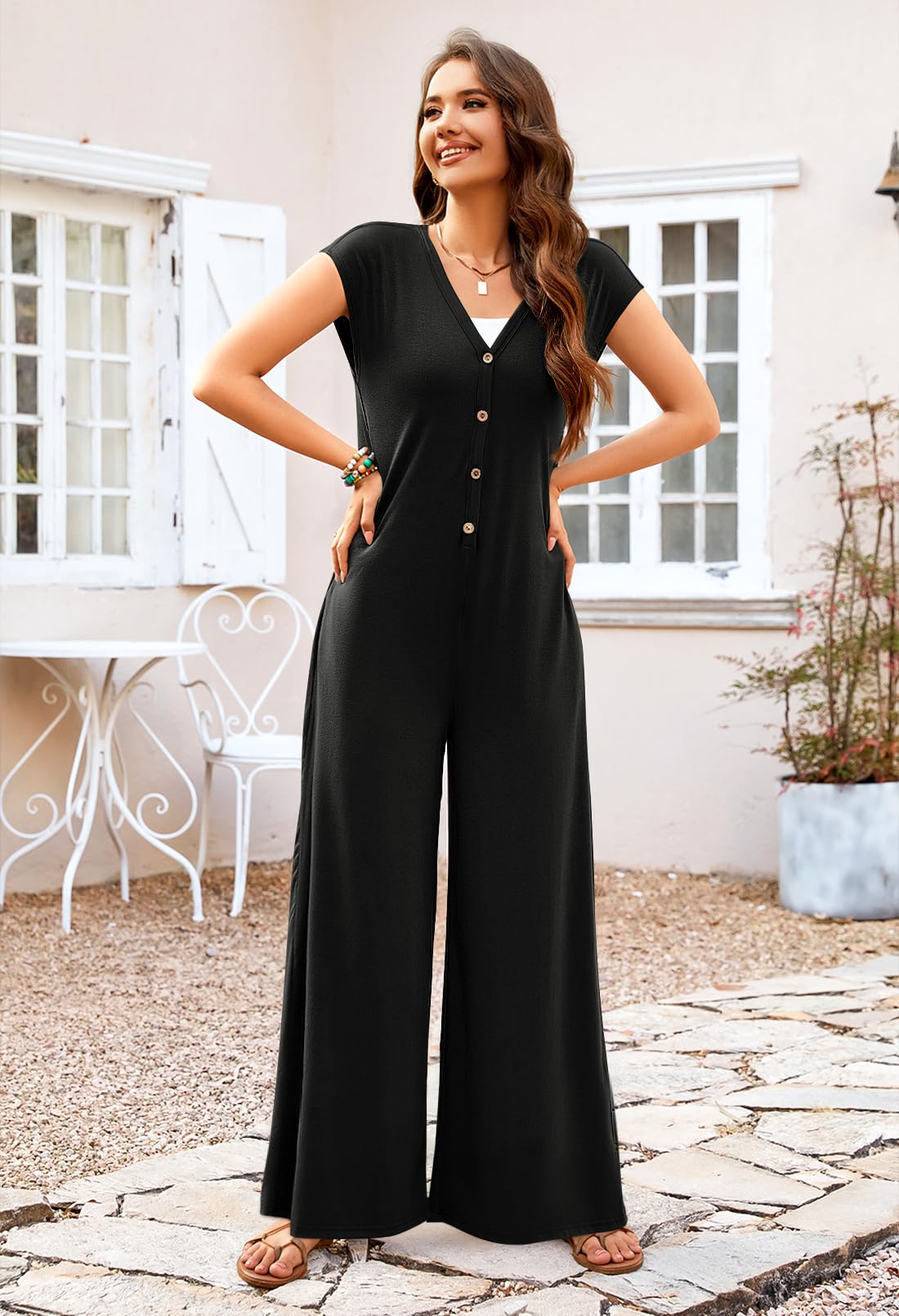 Sleeve Jumpsuits Deep V Neck Button Onesie Wide Leg Pants