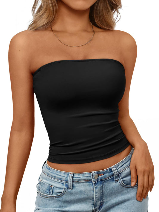 Trendy Queen Womens Strapless Tube Tops Basic Backless Sleeveless Bandeau Going Out Crop Tops Cute 2025 Summer Clothes Black M