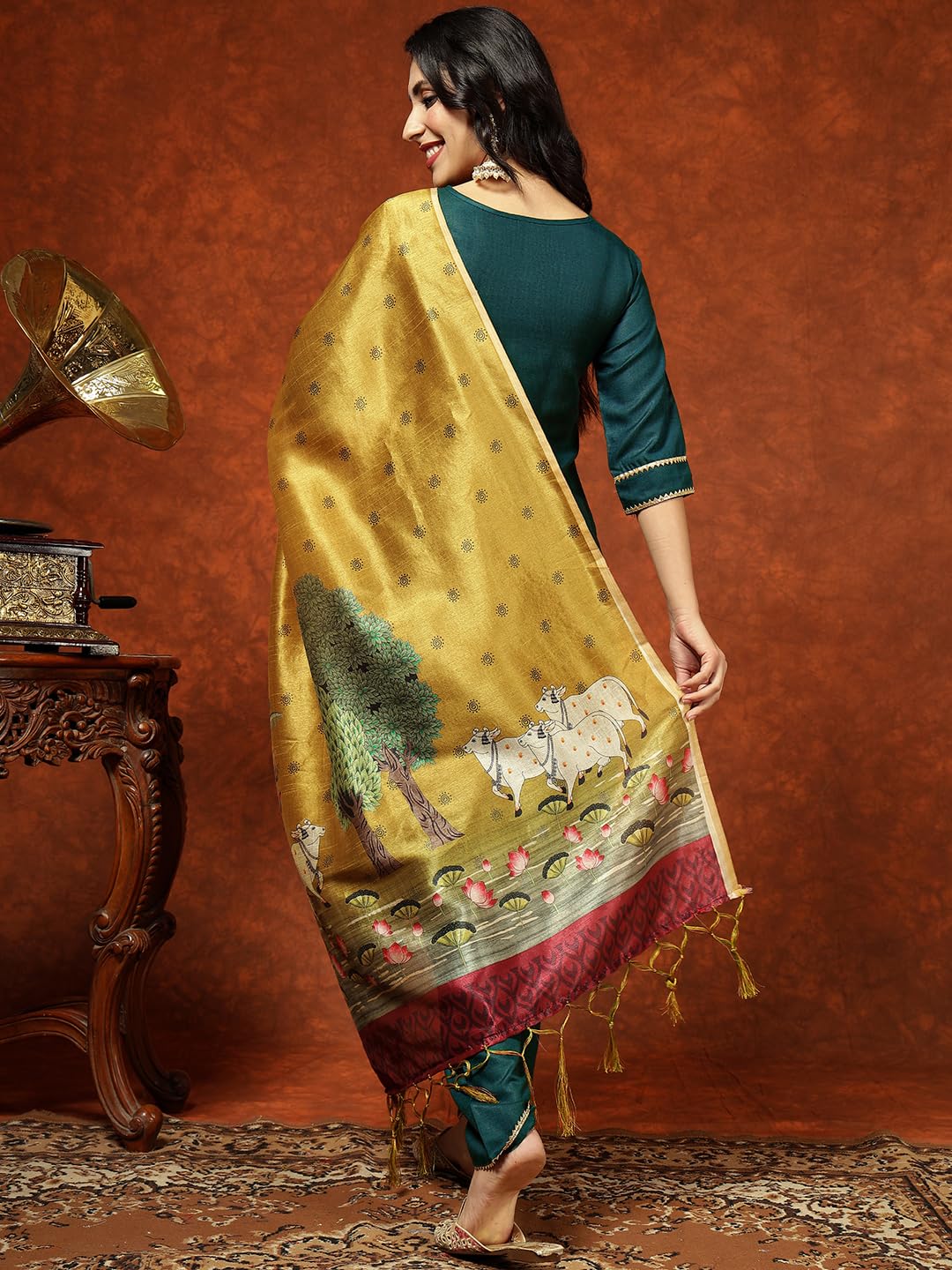 Cotton Blend Straight Kurta Pant with Print Dupatta