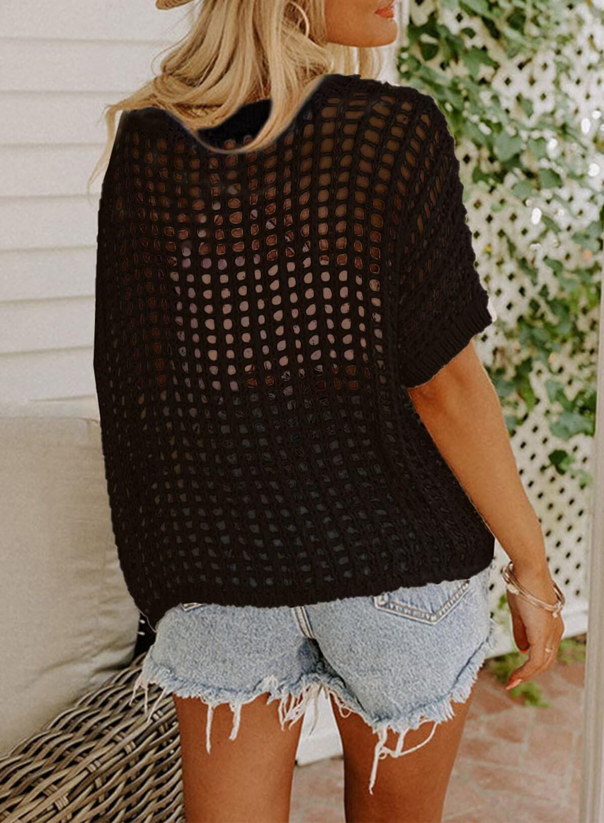 Womens Summer Scoop Neck Short Sleeve Sweater Casual Crochet Hollow Out Knit Tops Pullover Shirts Beach Coverup