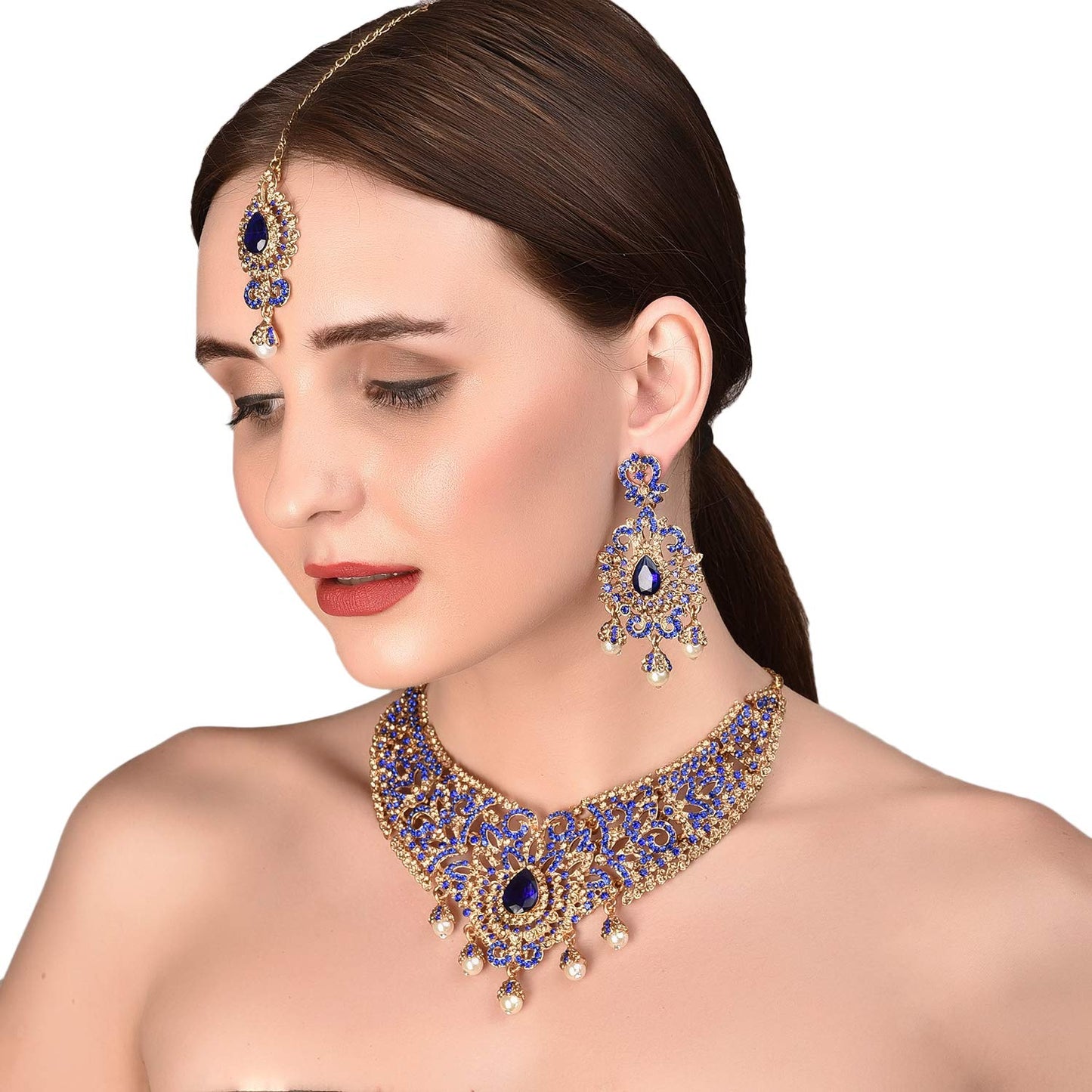 Charming Studded Diamond Look Fine Filigree Rhinestones Heavy Bridal Jewelry Hasli Necklace Set in Antique Gold Tone for Women