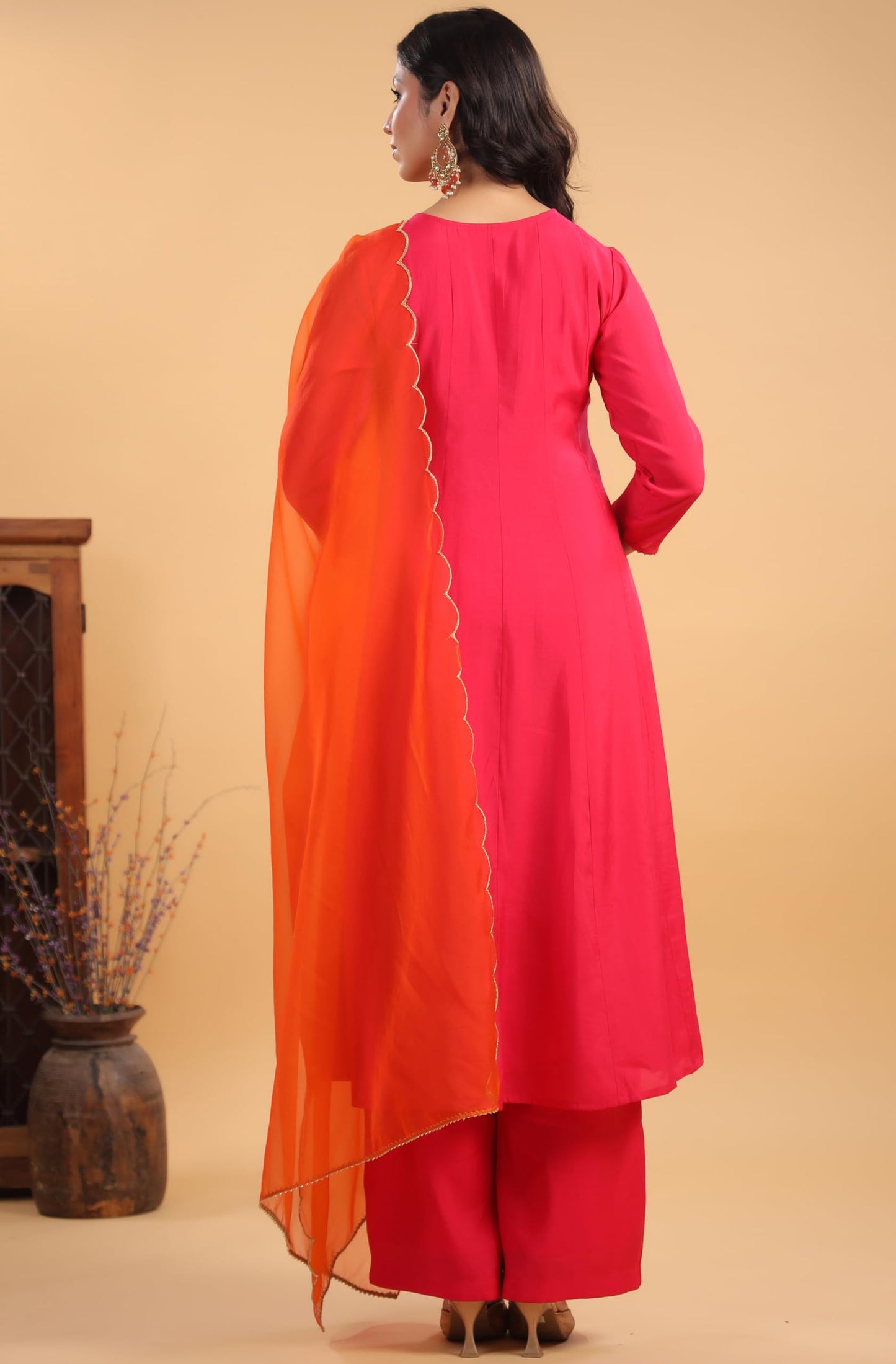 Anarkali Pink Yoke Embroidery Festive Calf Length Kurti Set
