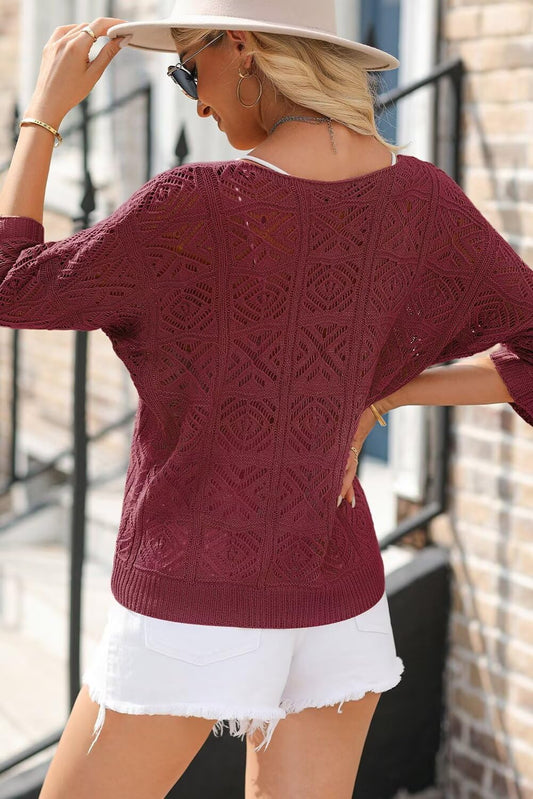 Women's 2025 Spring Summer Crochet Hollow Out 3/4 Sleeve Pullover Sweater Off Shoulder T-Shirts