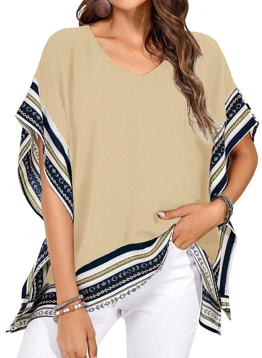 Women's Casual V Neck Floral Tops Batwing Sleeve Loose Fitting Shirts  Flowy Side Slit Tees