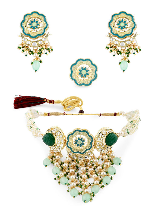 Turquoise Blue & Green Meenakari Cascading Waterfall Beads Necklace Earring & Ring Set For Women