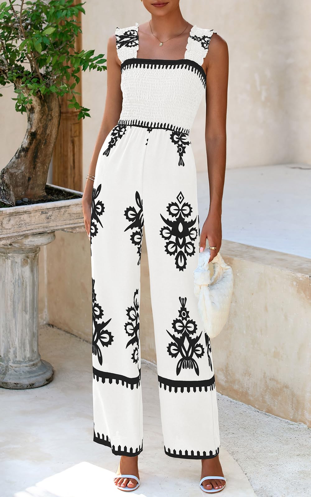 One PieceSummer Outfits Shirred Strap Wide Leg Long Pants Rompers With Pockets