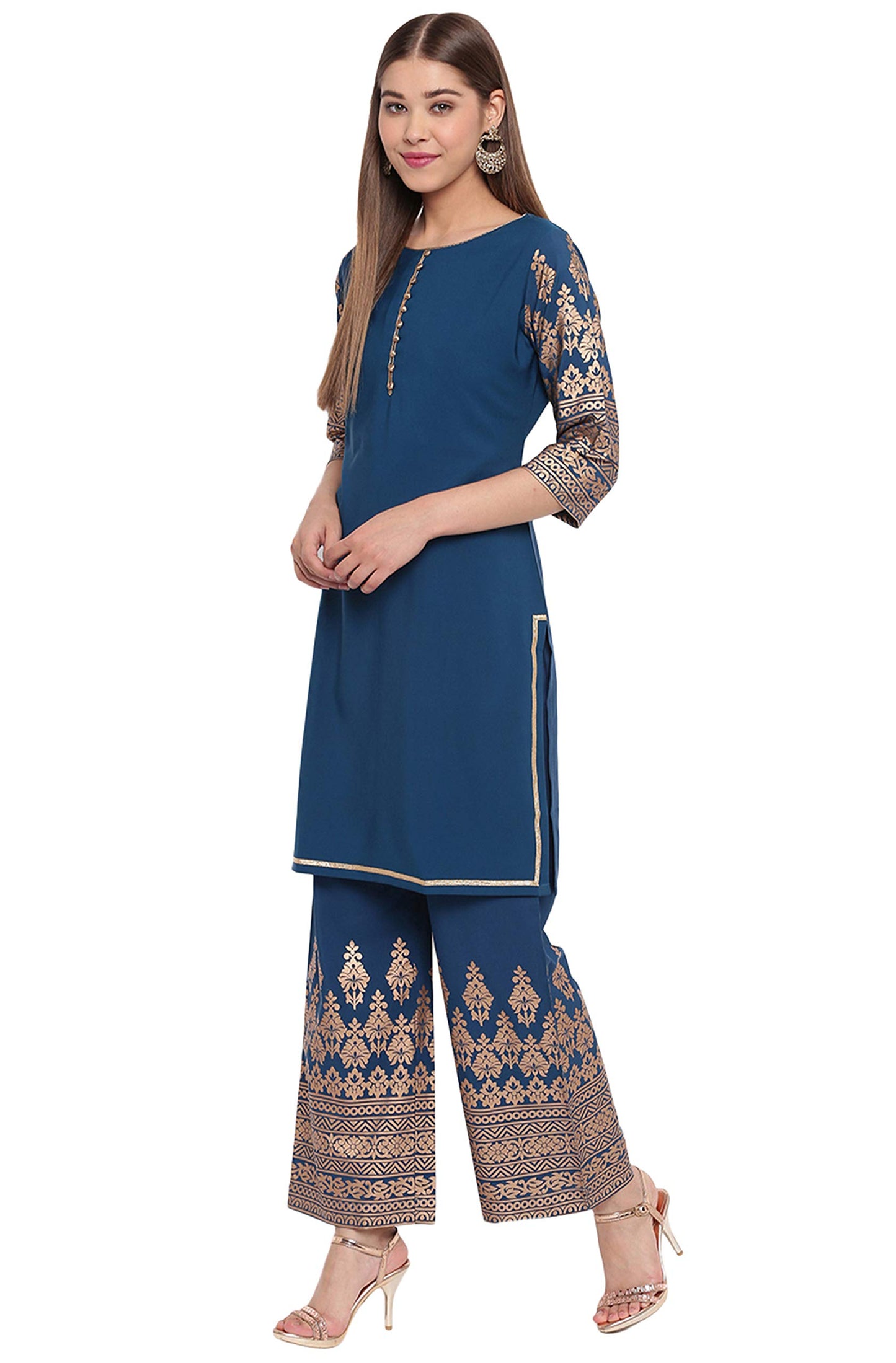 Teal Embellished Kurta Kurti Top Tunic Festive Wedding Party wear Kurta with Bottom