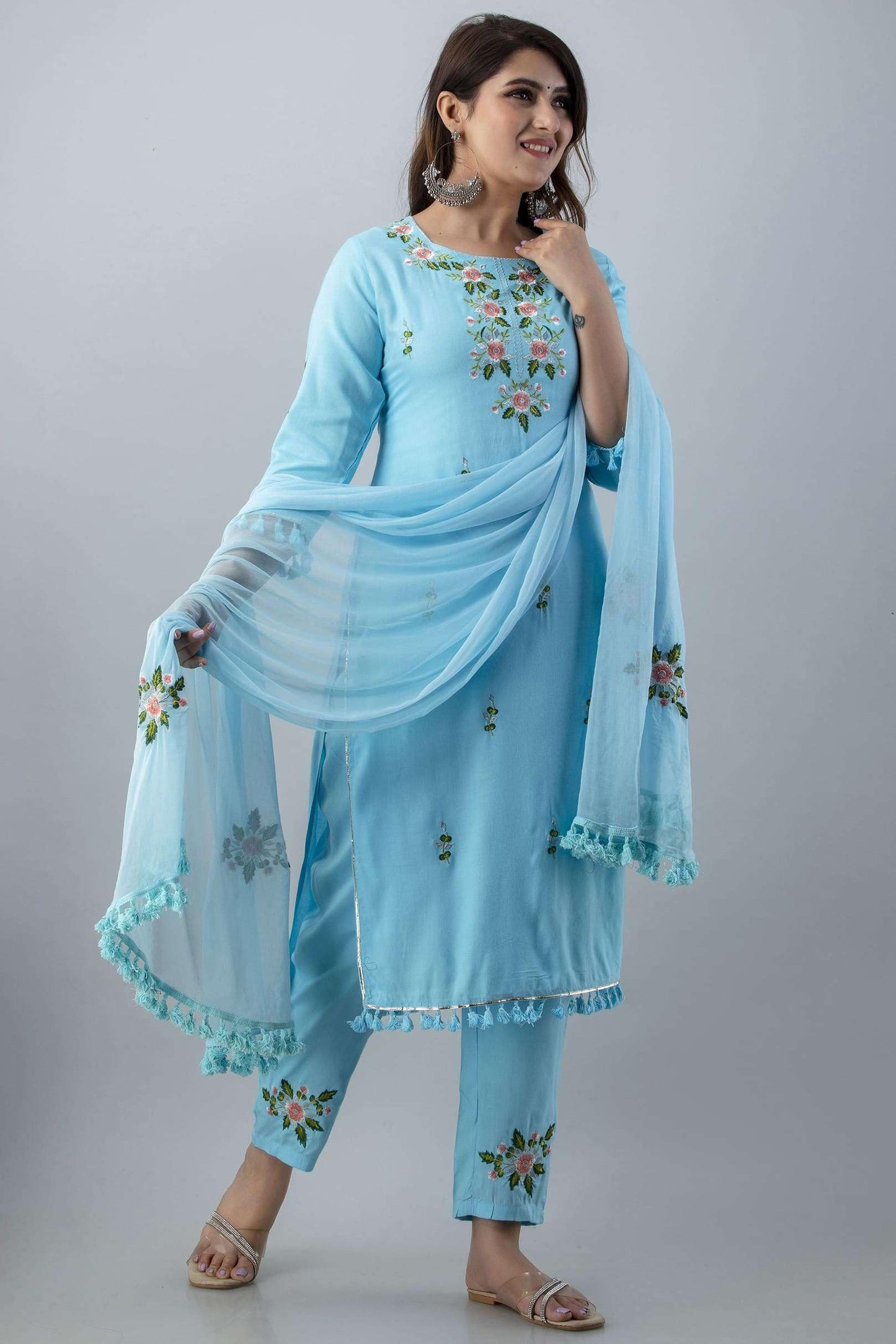 Ethnic Wear Collection Rayon Straight Embridered Kurti & Pant Set With Dupatta Readymade Salwar Suit For Women Casual