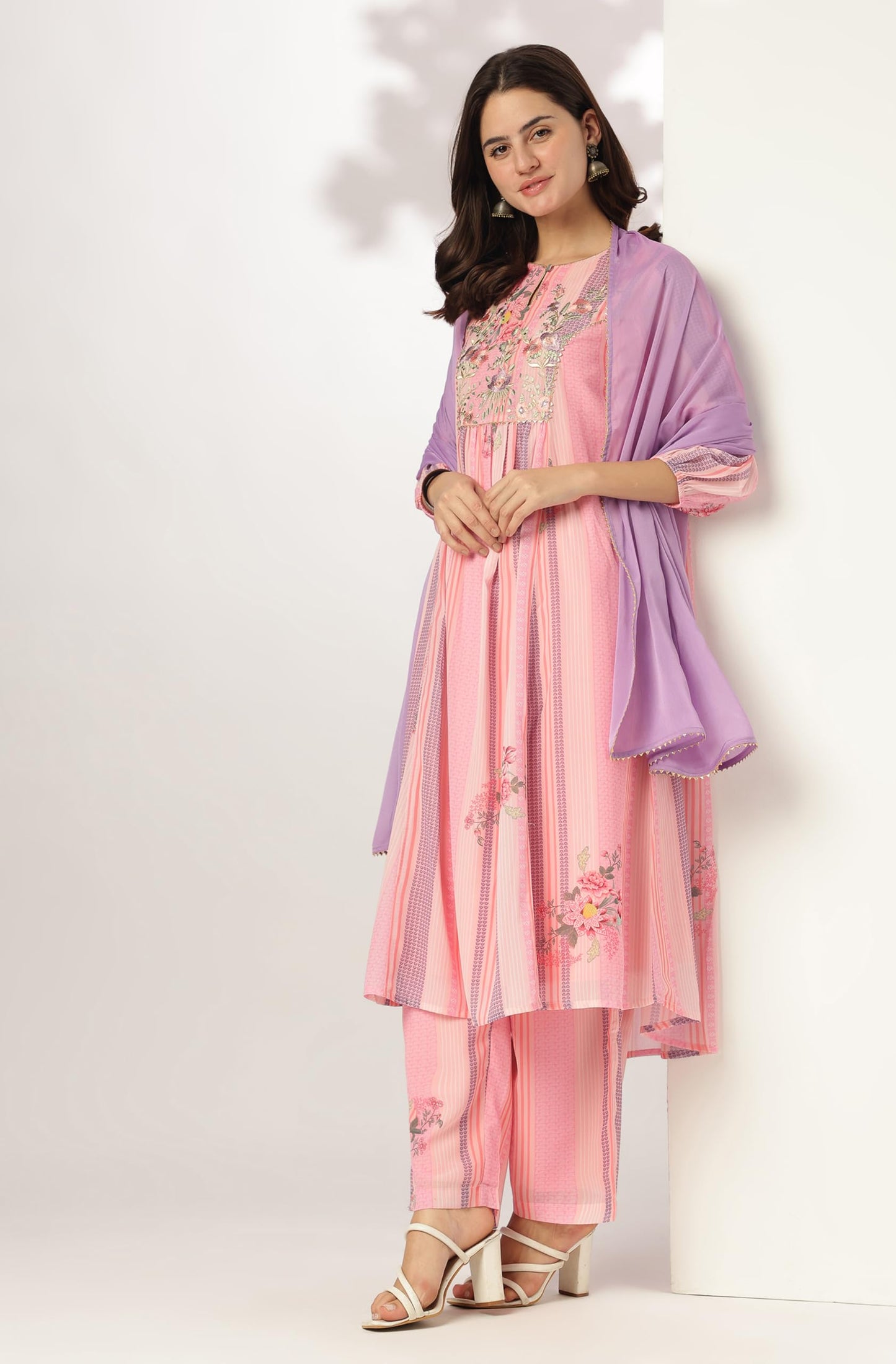 Pink Embroidered Balloon Sleeve Festive Calf Length Kurti Set