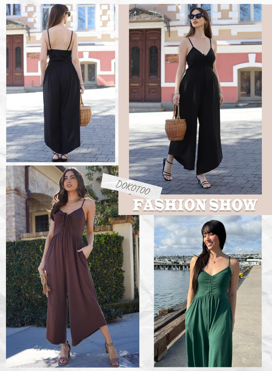 V-Neck Spaghetti Straps Fashion Ruched Drawstring Smocked Wide Leg Rompers