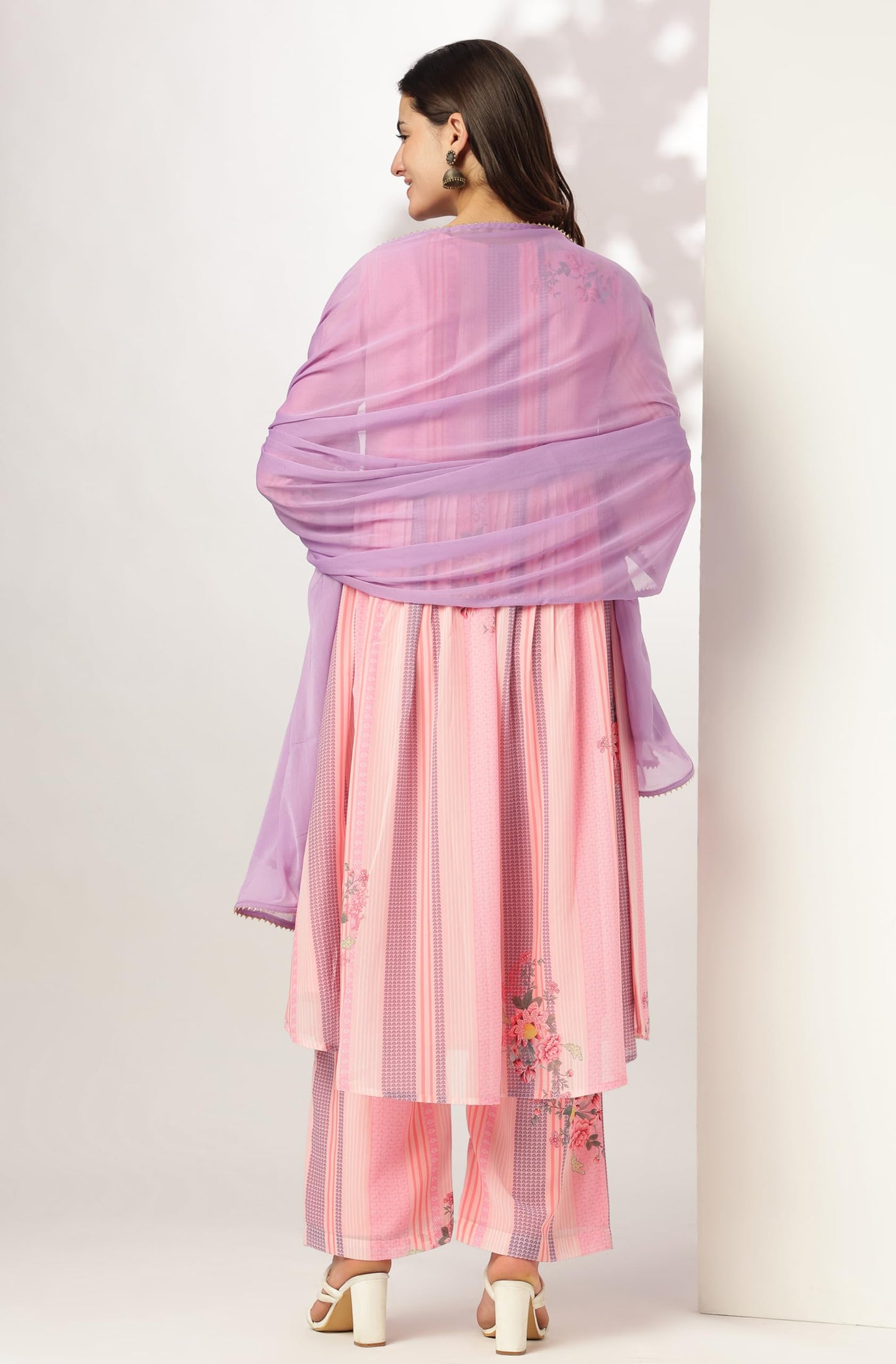 Pink Embroidered Balloon Sleeve Festive Calf Length Kurti Set