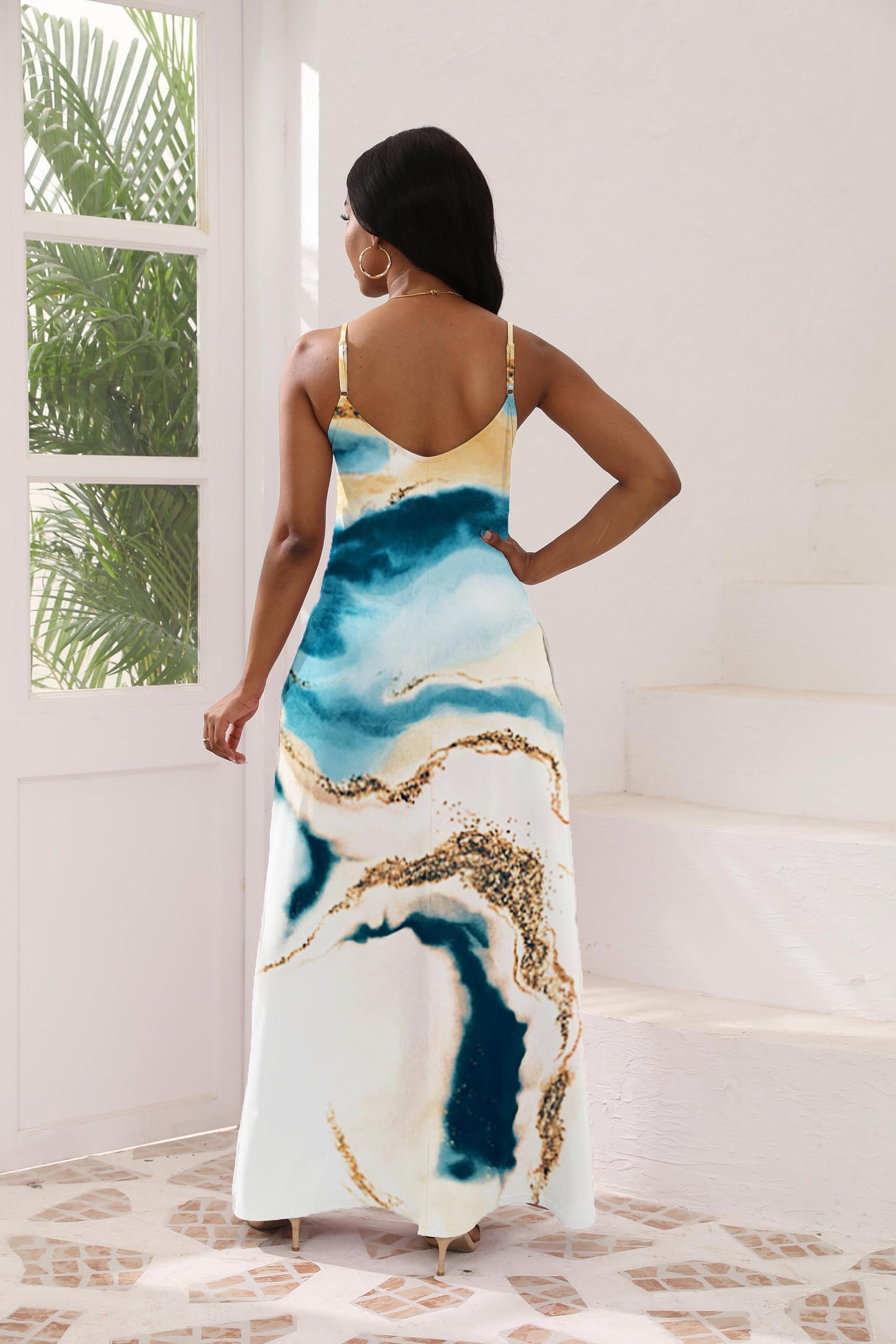 Milky White Blue Maxi Sexy Long Floor Length V-Neck Adjustable Spaghetti Strap Sleeveless