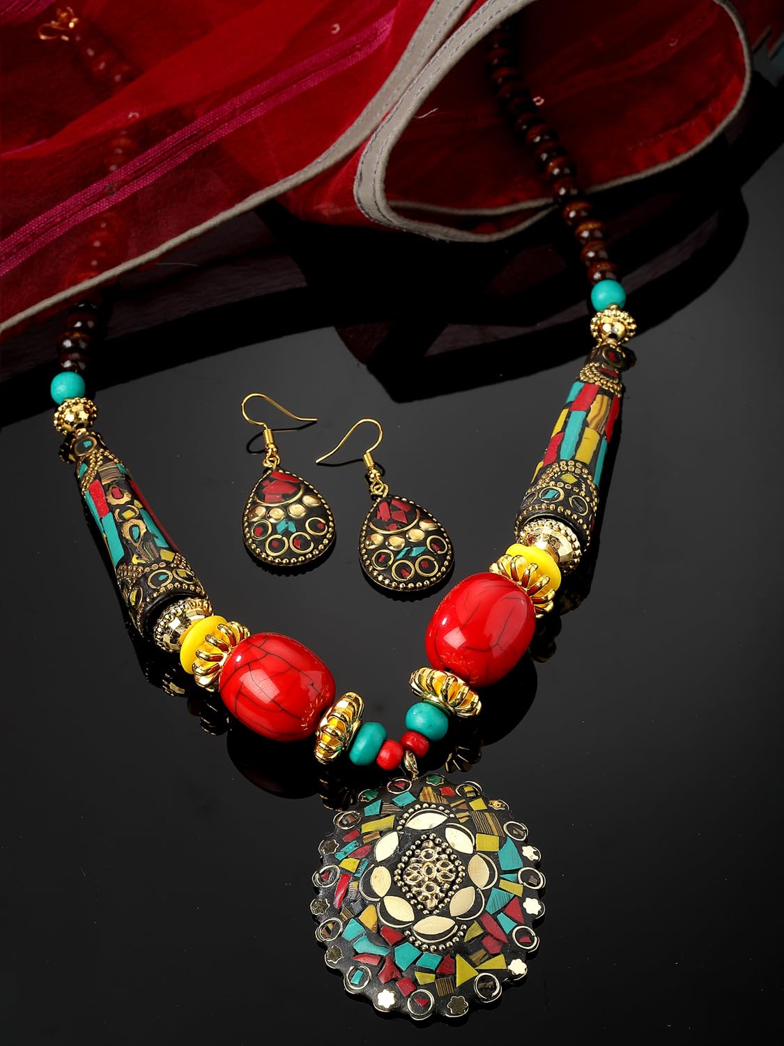 ashion Latest Stylish Traditional Tibetan Pendant Necklace Jewellery Set for Women