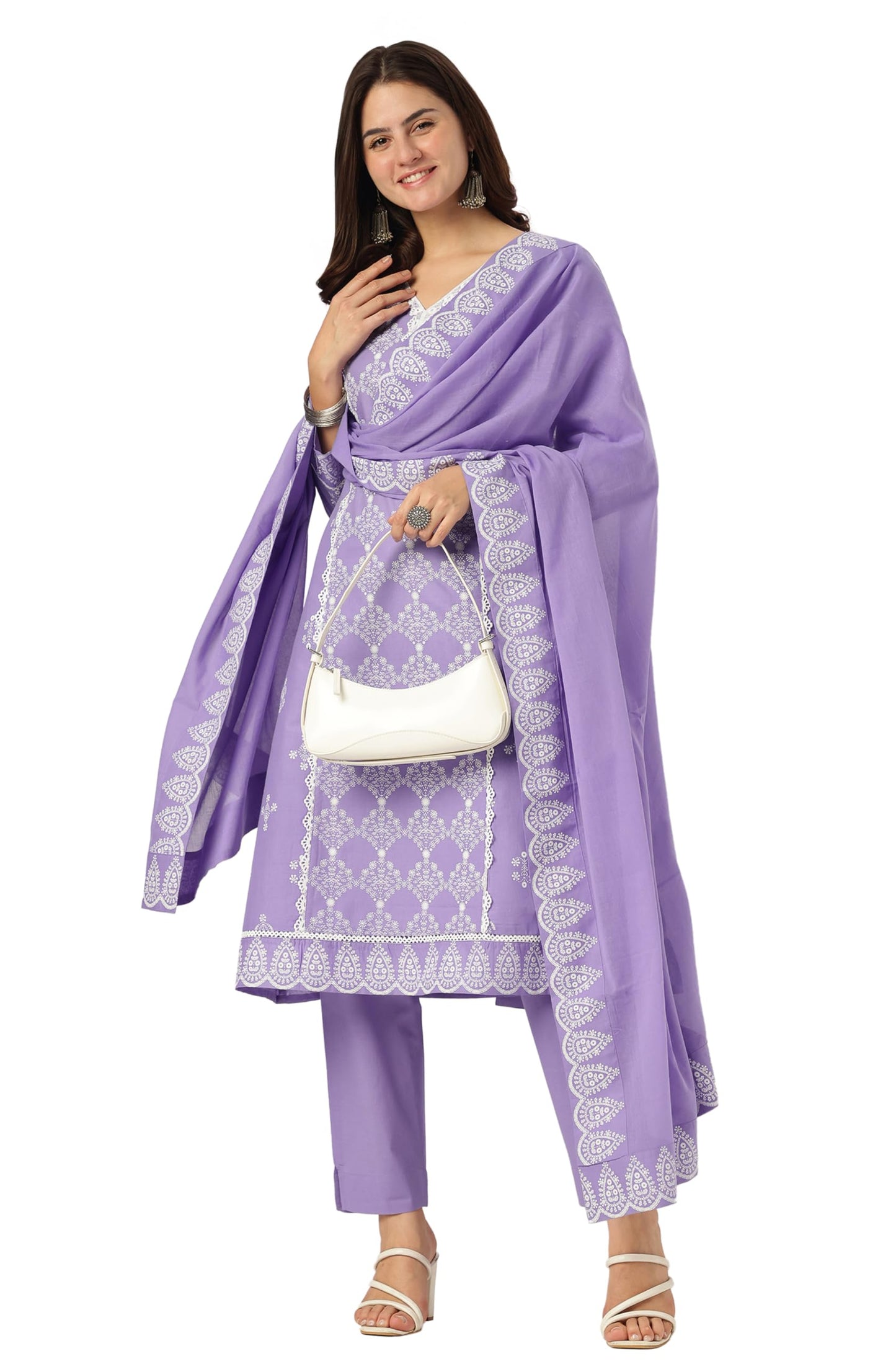 Lavender Pure Cotton Ethnic Motifs Printed A-line Kurta Set