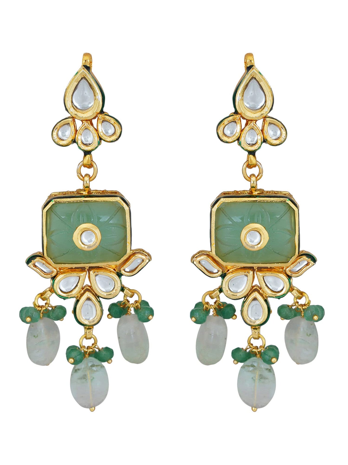 Elegant Long Kundan Necklace with Mint Quartz Beads-Bollywood Style