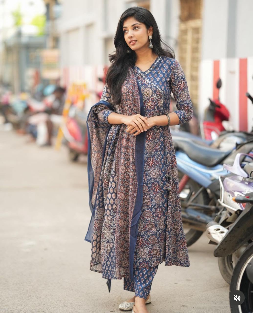 Blue Cotton Printed V-Neck Anarkali Kurti Pant Set with Dupatta