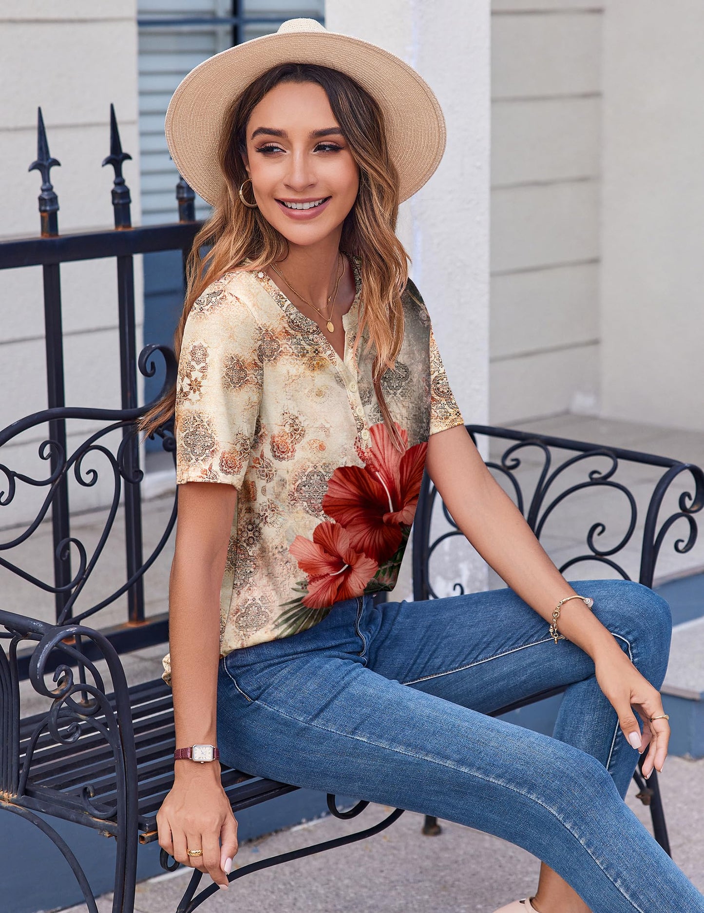 Womens Summer Tops Casual Short Sleeve V Neck Shirts