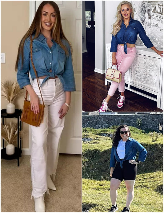 Women's 3/4 Sleeve Denim Crop Top Tie Knot Shirt Cardigan
