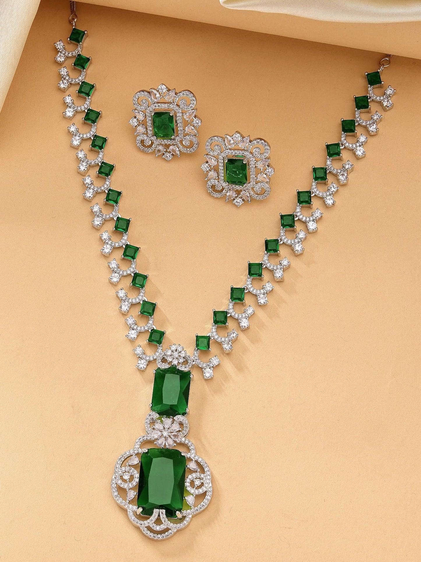 Silver Tone Green American Diamond Studded Necklace Set for Women