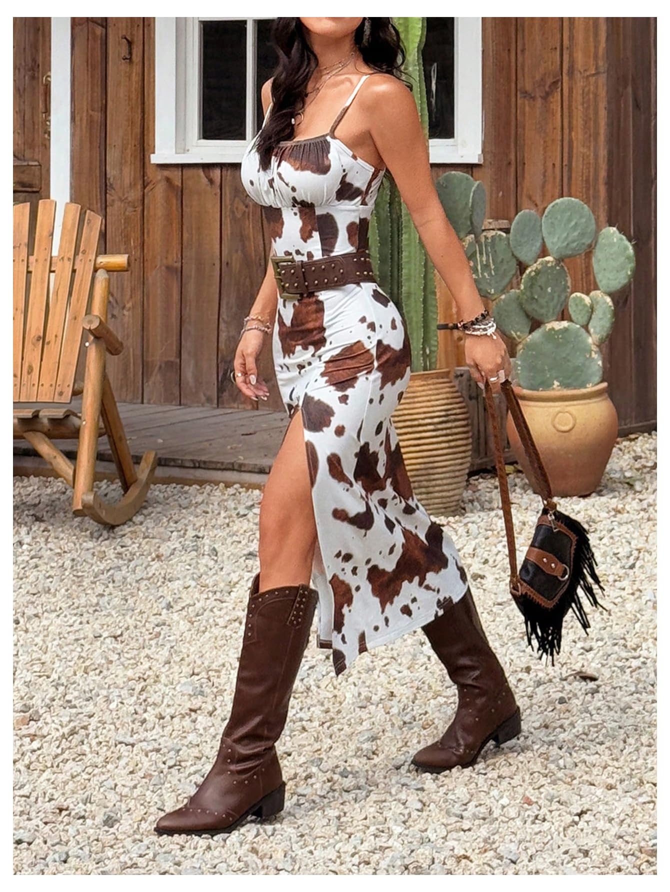 Western Slit Thigh Cami Dress Cowgirl Bodycon Long Dresses