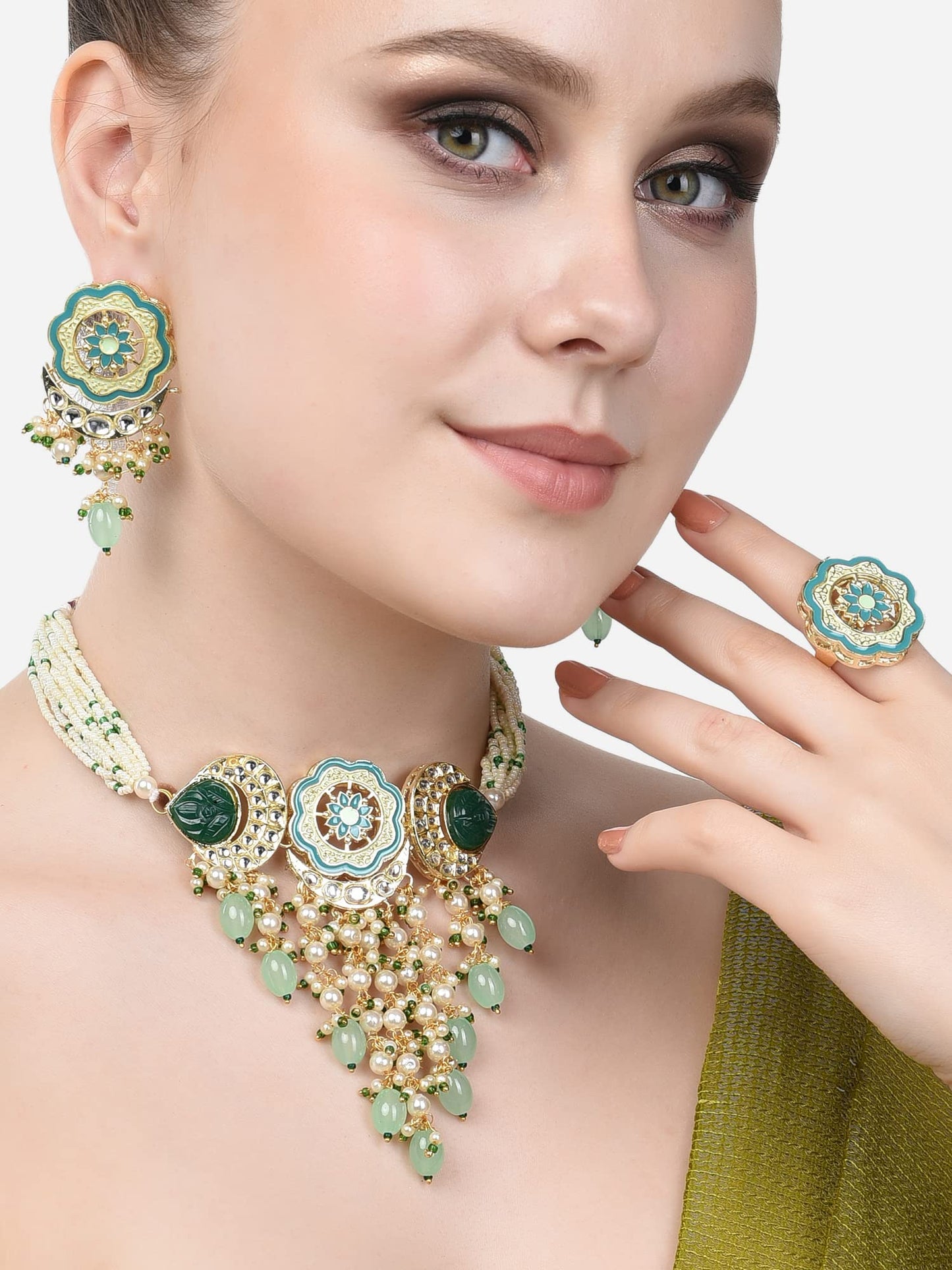 Turquoise Blue & Green Meenakari Cascading Waterfall Beads Necklace Earring & Ring Set For Women