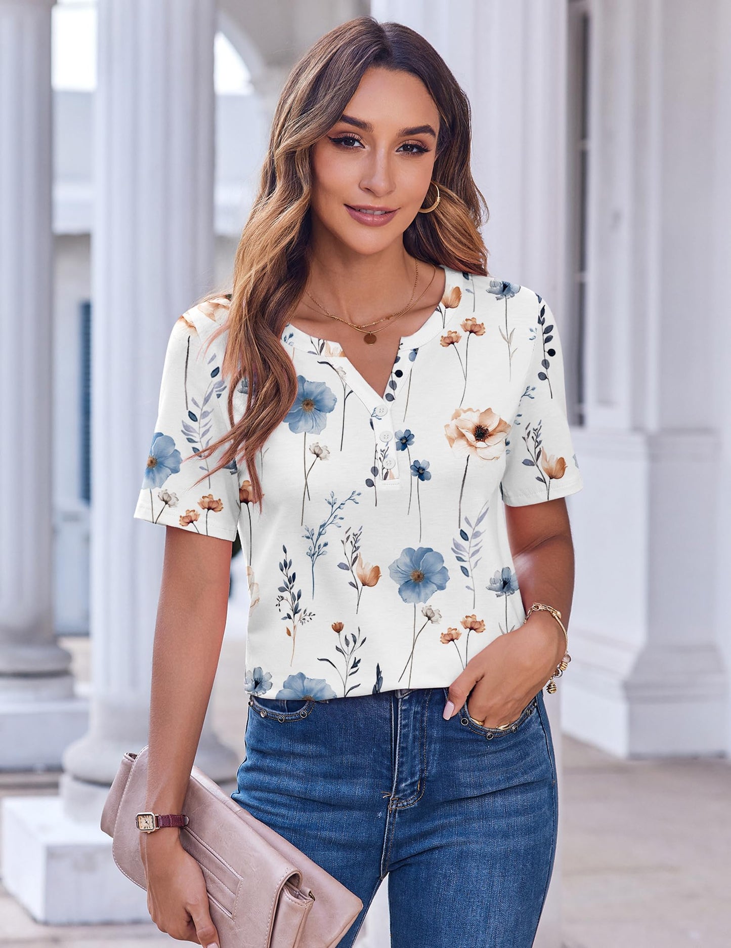 Womens Summer Tops Casual Short Sleeve V Neck Shirts