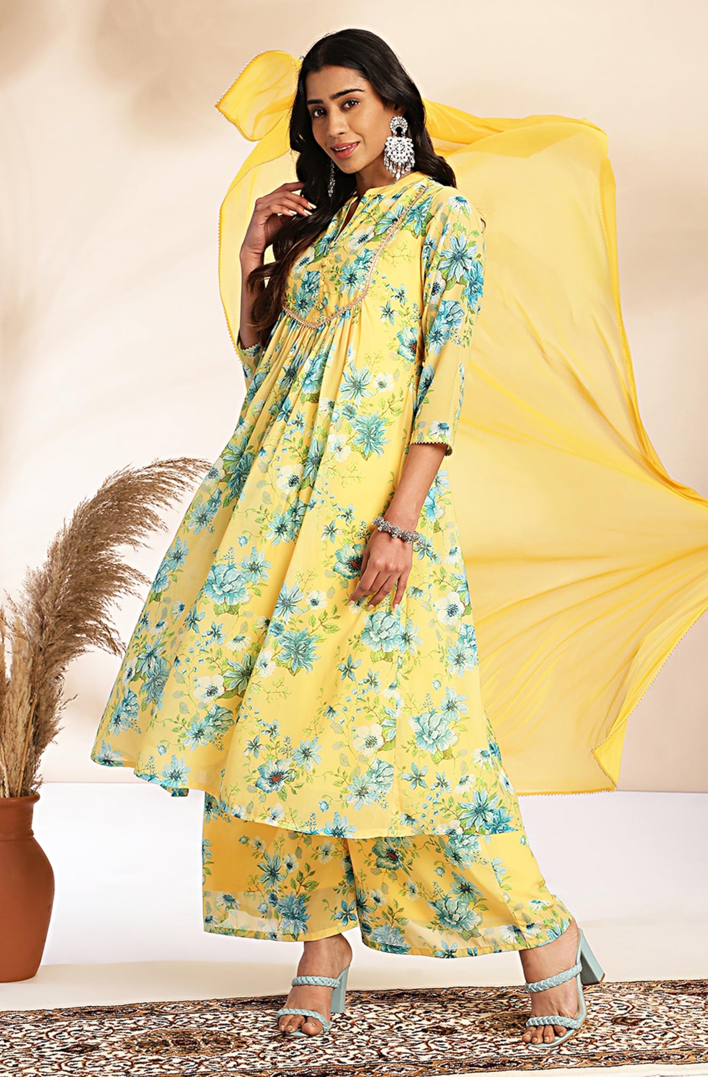 Yellow Flowy Floral Print Kurti