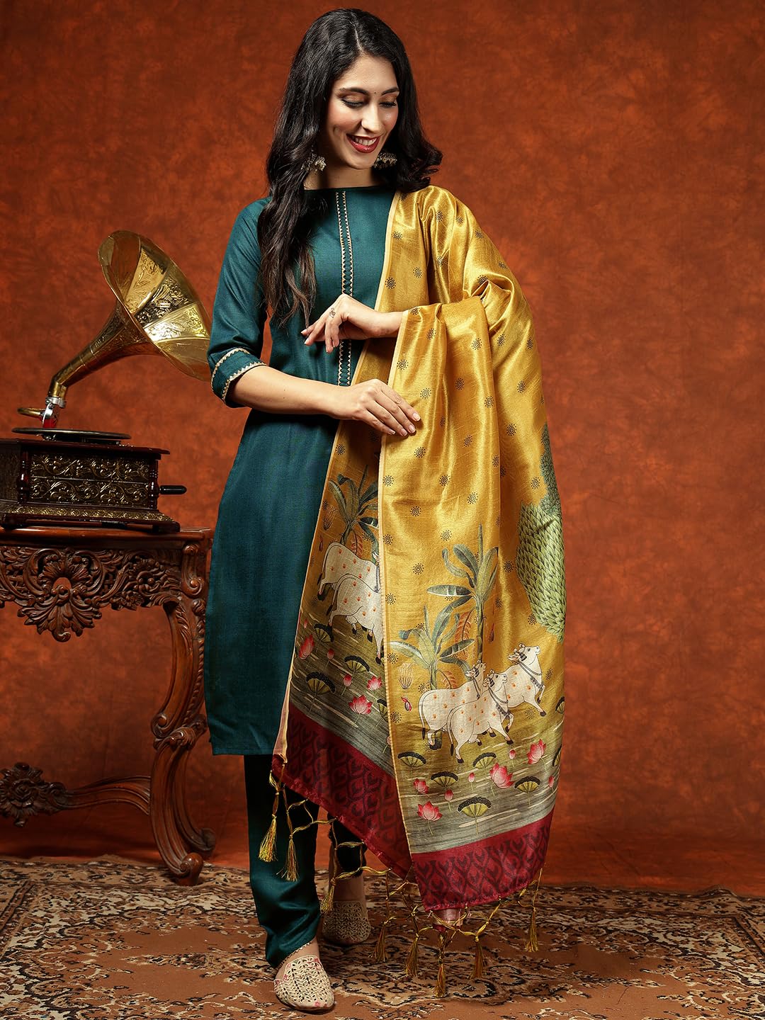 Cotton Blend Straight Kurta Pant with Print Dupatta