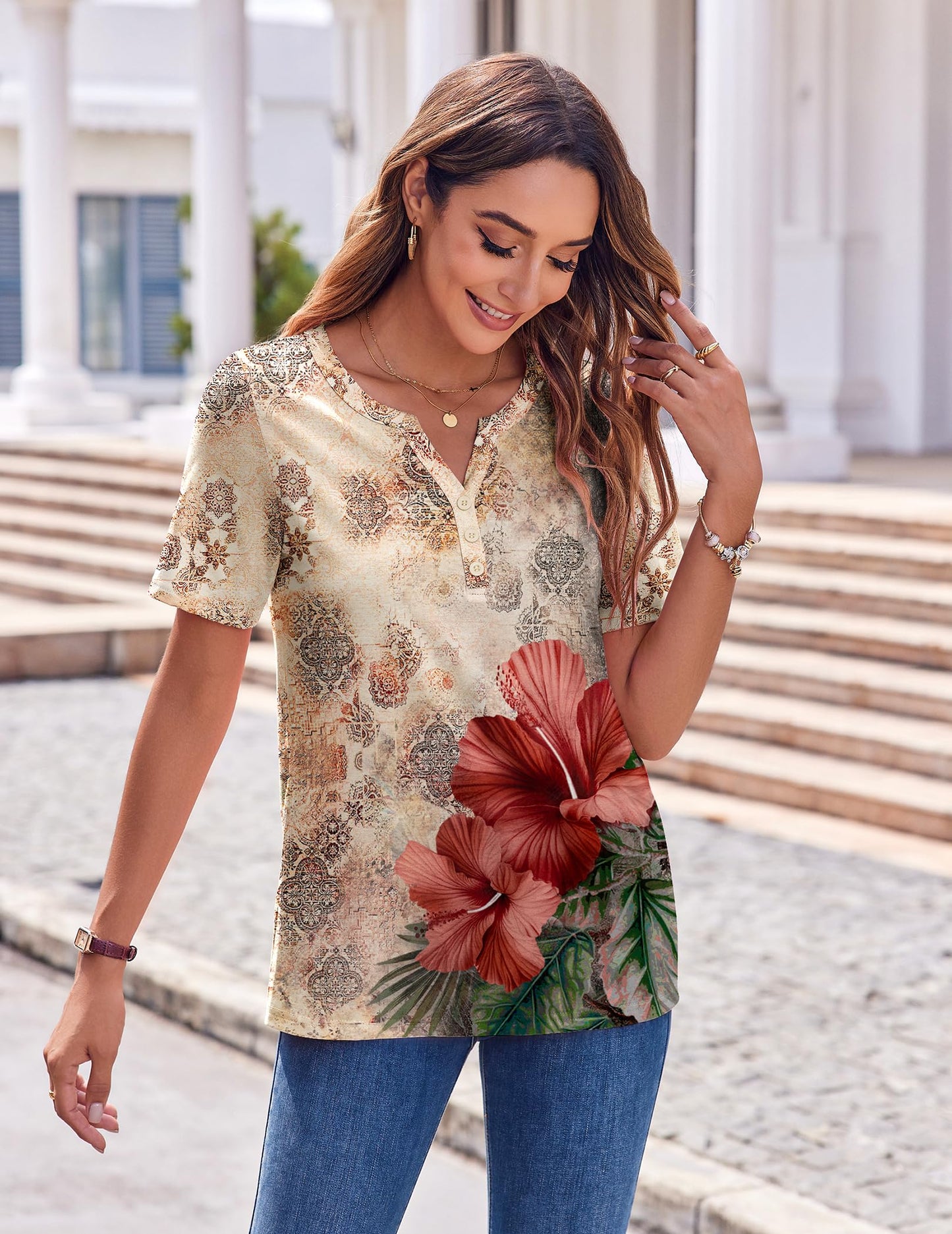 Womens Summer Tops Casual Short Sleeve V Neck Shirts
