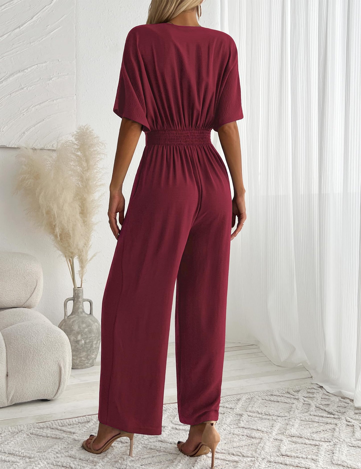 V Neck Wide Leg Pant Romper Casual Wedding Party One Piece Outfits Red