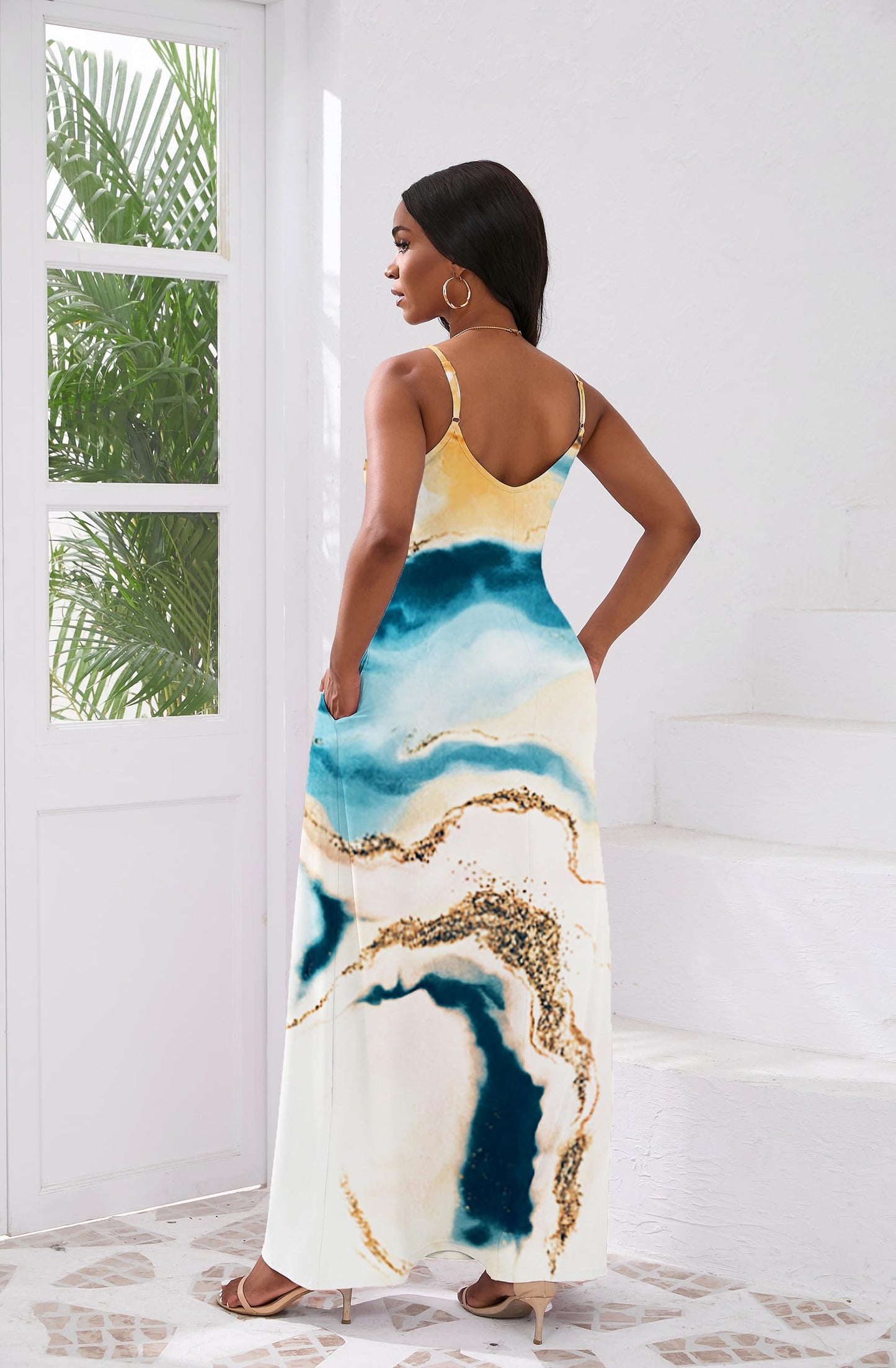 Milky White Blue Maxi Sexy Long Floor Length V-Neck Adjustable Spaghetti Strap Sleeveless