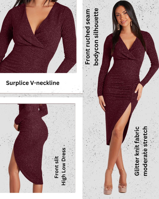 V-Neck Long Sleeve Lurex Gliter Solid Front Slit Front Ruched Seam Bodycon Above Knee Length Women Dress