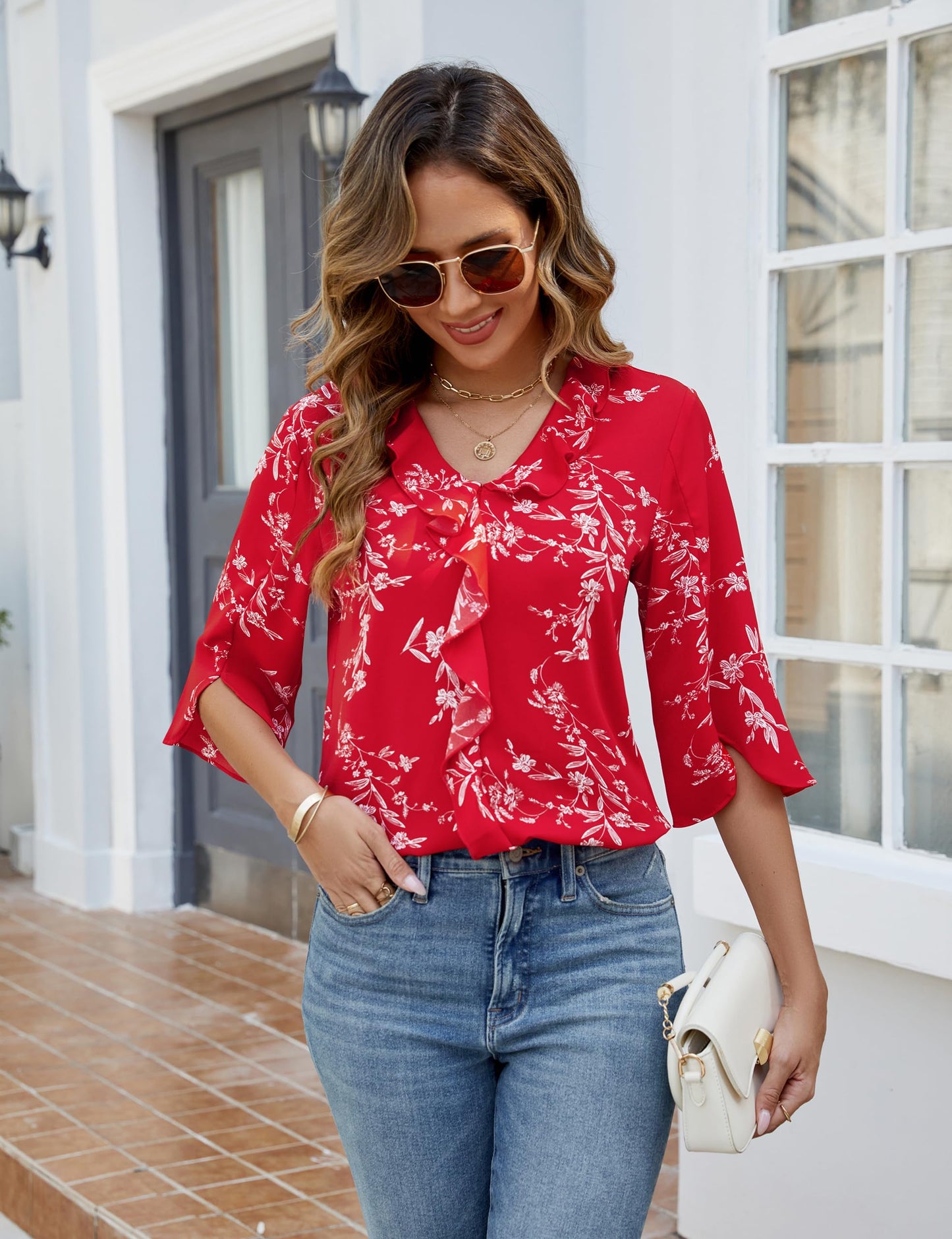 Blooming Jelly Dressy Casual  3/4 Sleeve V Neck Ruffle Tops