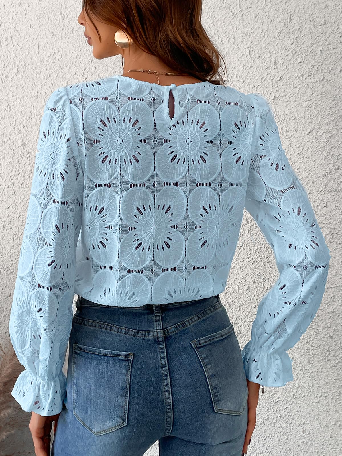 Women Eyelet Long Sleeve Tops Shirts Dressy Hollow Out Crochet Lace Embroidered