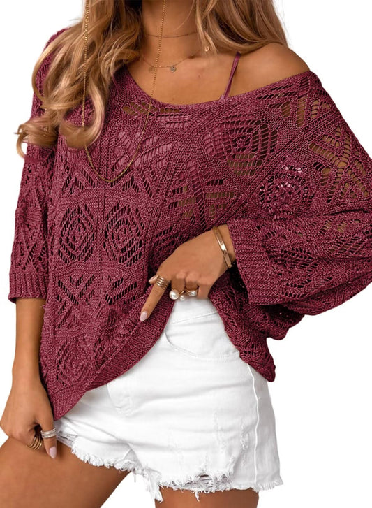 Women's 2025 Spring Summer Crochet Hollow Out 3/4 Sleeve Pullover Sweater Off Shoulder T-Shirts